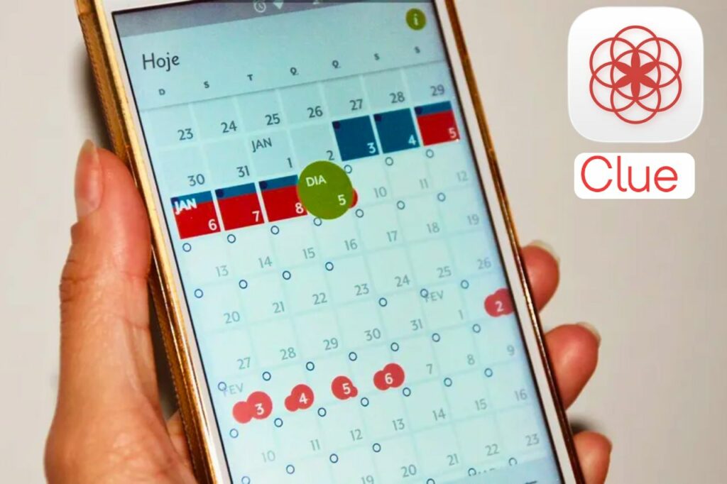Tela do aplicativo Clue exibindo calendário menstrual usado para o monitoramento online dos sintomas da gravidez e do ciclo reprodutivo feminino.
