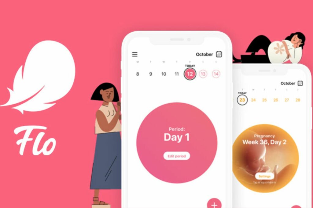 Telas do Flo App mostrando o início do ciclo menstrual e o acompanhamento da gravidez, destacando a praticidade e tecnologia do aplicativo número 1 em saúde feminina.