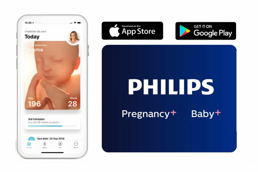 Tela do aplicativo Pregnancy+ da Philips mostrando o desenvolvimento do bebê em 3D, disponível para download na App Store e Google Play.