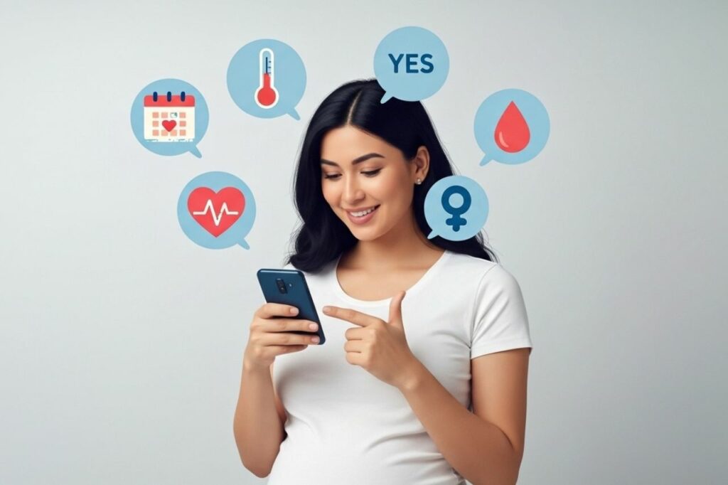 Mulher grávida utilizando o celular para acompanhar batimentos cardíacos, temperatura e ciclo menstrual, representando o monitoramento online dos sintomas da gravidez de forma prática e moderna.