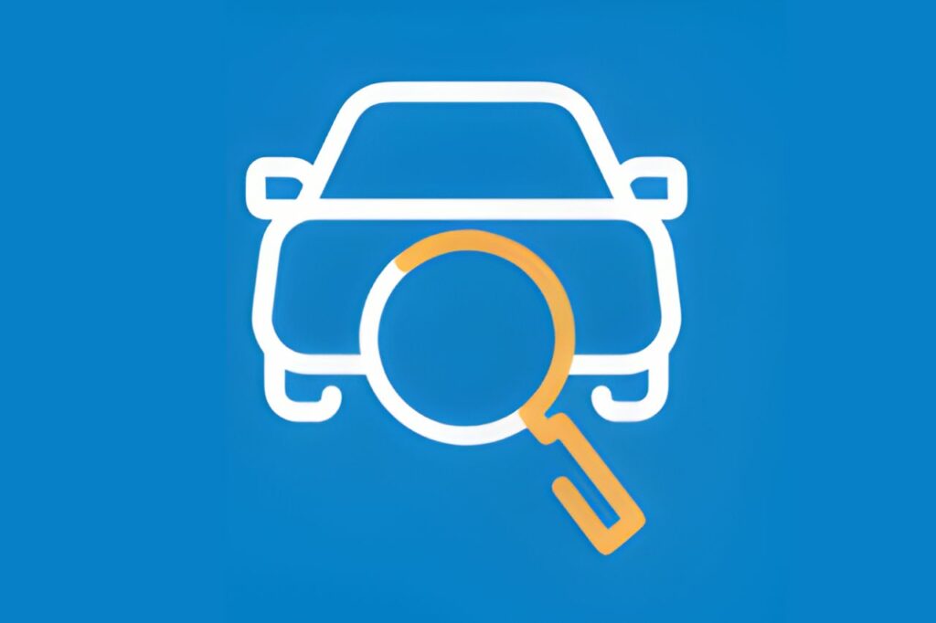 Ícone de carro com lupa em fundo azul, simbolizando a função de consultar placas de veículos de forma rápida e segura online