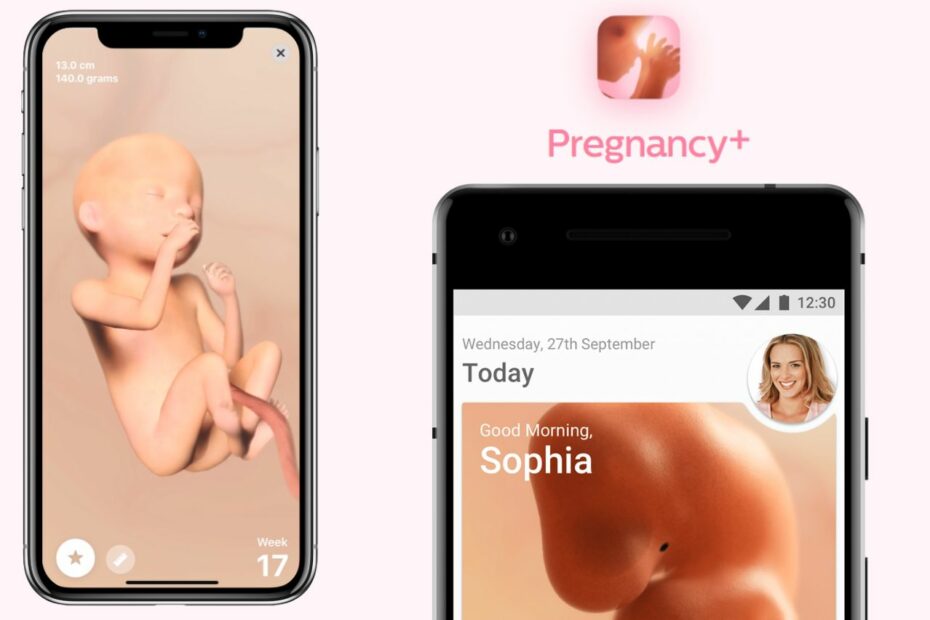 Telas do aplicativo Pregnancy+ mostrando o desenvolvimento do bebê em 3D e informações semanais da gestação, disponíveis para dispositivos Android e iOS
