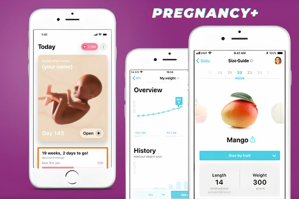 Telas do aplicativo Pregnancy+ exibindo o desenvolvimento do bebê e gráficos de acompanhamento, representando o monitoramento online dos sintomas da gravidez de forma detalhada e visual.