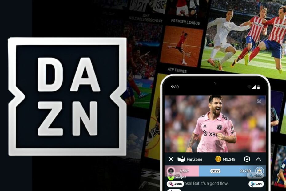 Interface do aplicativo DAZN exibida em smartphone com partidas de futebol em destaque, representando o DAZN Grátis como opção para assistir conteúdos esportivos e jogos ao vivo sem custo.