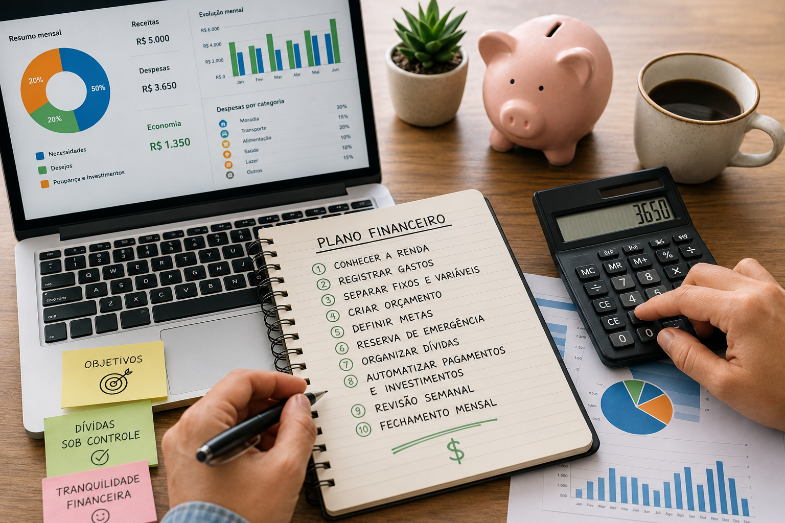 Organização financeira: 10 passos práticos para controlar gastos, planejar o orçamento e construir uma rotina mais saudável com o dinheiro.